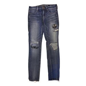 American Eagle Distressed Skinny Jeans Patched Graphic Raw Hem